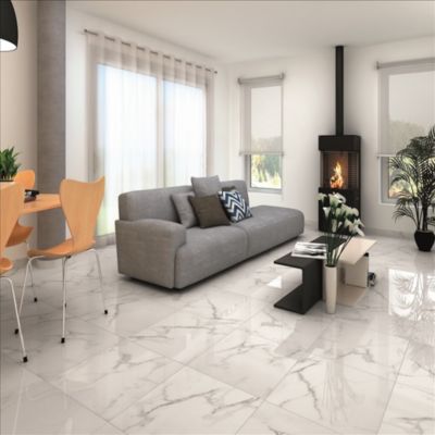 Carrelage sol et mur intérieur en grès cérame effet marbre blanc brillant L.60 x l.60 cm x ép.8,5 mm, Aria