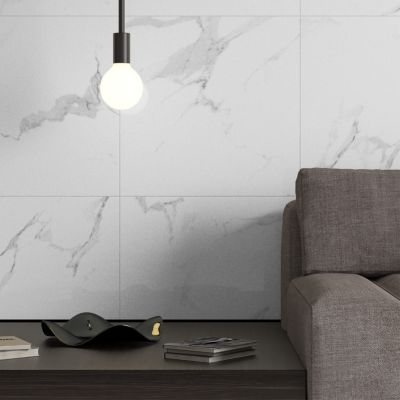 Carrelage sol et mur intérieur en grès cérame effet marbre blanc brillant L.60 x l.60 cm x ép.8,5 mm, Aria