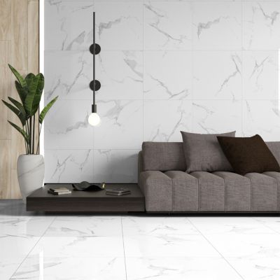 Carrelage sol et mur intérieur en grès cérame effet marbre blanc brillant L.60 x l.60 cm x ép.8,5 mm, Aria