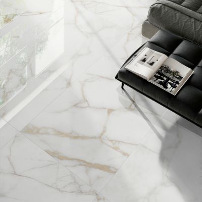 Carrelage sol et mur intérieur en grès cérame effet marbre blanc poli L.120 x l.60 cm x ép.9 mm, Reve