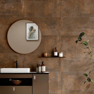 Carrelage sol et mur intérieur en grès cérame émaillé effet béton marron cuivré satin L.61 x l.31 cm x ép.8 mm, Malt
