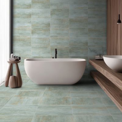 Carrelage sol et mur intérieur en grès cérame émaillé effet béton vert sauge mat L.60 x l.60 cm x ép.7,4 mm, Upper