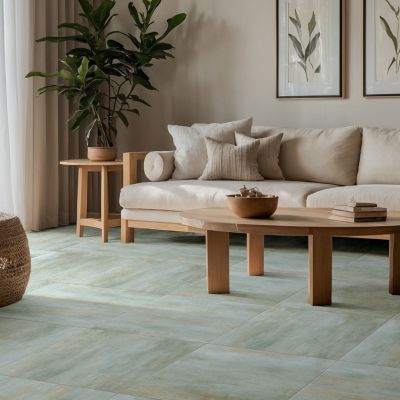 Carrelage sol et mur intérieur en grès cérame émaillé effet béton vert sauge mat L.60 x l.60 cm x ép.7,4 mm, Upper
