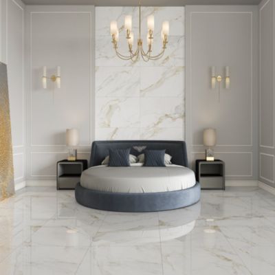 Carrelage sol et mur intérieur en grès cérame émaillé effet marbre blanc mat L.120 x l.60 cm x ép.9 mm, Aster