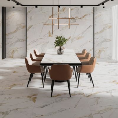 Carrelage sol et mur intérieur en grès cérame émaillé effet marbre blanc mat L.120 x l.60 cm x ép.9 mm, Aster