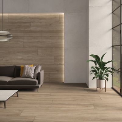 Carrelage sol et mur intérieur intérieur en grès cérame émaillé effet bois brut mat L.120 x l.20 cm x ép.9 mm, Atelier