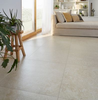 Carrelage sol intérieur taupe beige effet pierre L.61,5 x l.61,5 cm x ép.9 mm, Soft Lime Stone