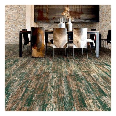 Carrelage sol / mur effet bois vieilli vert 14,4 x 89,3 cm YUGO R MAR