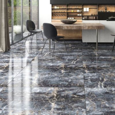 Carrelage sol/mur effet marbre noir brillant Notte Nero l.60 x L.120 cm