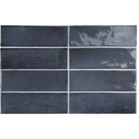 Carrelage sol / mur effet zellige bejmat marocain 5X15 cm bleu brillant 5X15 cm COCO BLUE NIGHT WALL