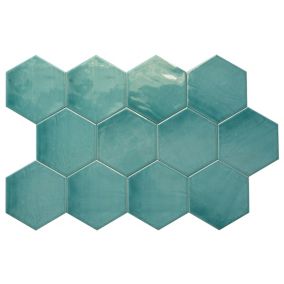 Carrelage SOL/MUR Hexagonal. Grès cérame brillant Premium. Arte Teal 14x16cm