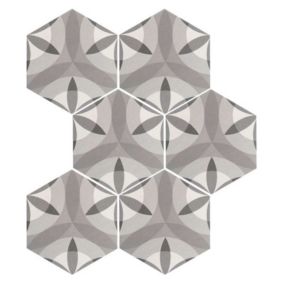 Carrelage sol / mur hexagonal motif fleur gris 17,5x20 cm HEXATILE NATURE B&W