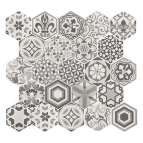 Carrelage sol / mur hexagonal patchwork  motif gris 17,5x20 cm HEXATILE HARMONY B&W