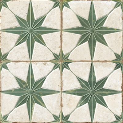 Carrelage Vintage effet Carreau ciment 3D Etoile Verte et Fond Blanc 22,3x22,3x0,9 cm Sparta - Sol et mur intérieur (vendu par car