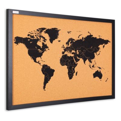 CARTE DU MONDE tableau en liège cadre en bois laqué NOIR 60x40 cm
