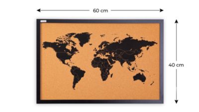 CARTE DU MONDE tableau en liège cadre en bois laqué NOIR 60x40 cm