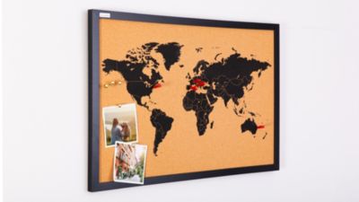 CARTE DU MONDE tableau en liège cadre en bois laqué NOIR 60x40 cm