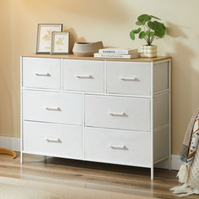 CASABEL Commode 7 tiroirs cadre metal blanc et plateau en bois meuble de rangement 100x30x75 cm pratique et polyvalente