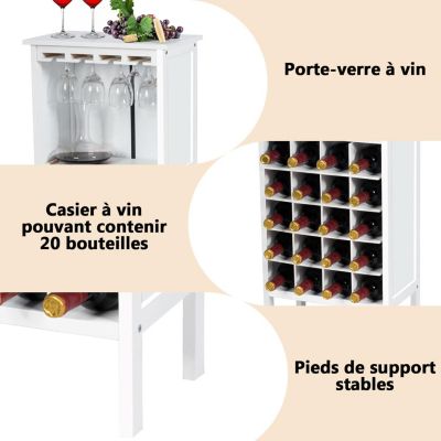 Casier a Vin avec 20 Emplacements et Porte gobelet Etagere a Bouteille en Pin pour Cave Collier Cuisine Blanc