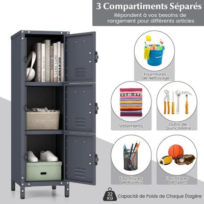 Casier en Métal à 3 Portes Verrouillables Armoire de Rangement 3 Etagères Verticale Empilable Casier Vestiaire College