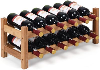 Rangement à Vin En Bambou VASMIA - Étagère 12 Bouteilles 3 Niveaux - Design Stable Noir Pour Cuisine/Bar