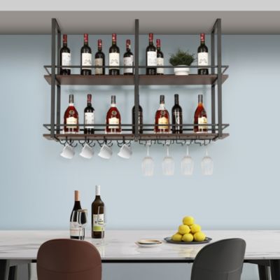 Casier à vin suspendu Hubro métal 120 x 30 x 85 cm noir effet noyer en.casa
