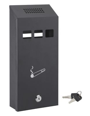 Cendrier mural, acier, compartiment amovible, 325x174x60mm, 2 clés, epoxy noir granité - THIRARD