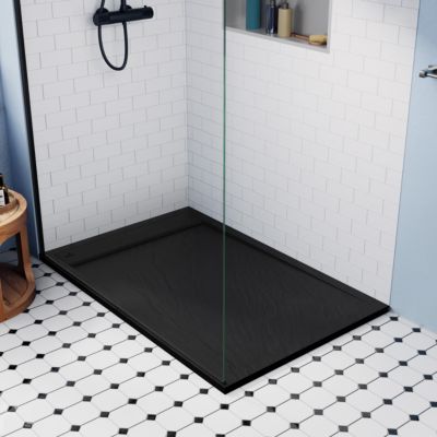 Ceramia Alda Receveur de douche 140x90cm + Siphon Eslim 90. Pierre de synthèse, noir mat (ALD15-14090N-S)