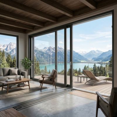 Châssis coulissant en aluminium à soulèvement 3 ventaux  SMARTIA S560 (L.:3200mm x H.:2200mm)