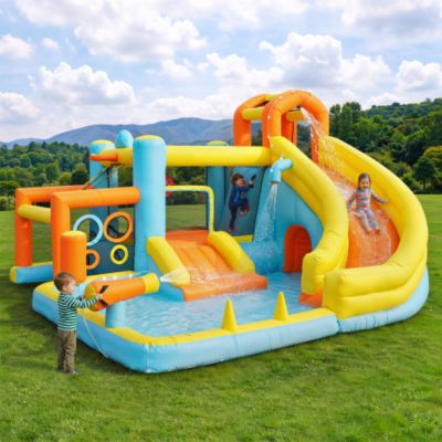 HOMFME Château Gonflable 5-en-1 – Toboggan, Basket, Piscine à Balles, Trampoline, Boxe – 294x290x190 Cm – 3-10 Ans