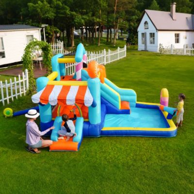 Château Gonflable - Aire de Jeux Gonflables Enfants avec Toboggan, Fontaine et Jeux d'Eau, Souffleur 450W, Oxford, Multicolore