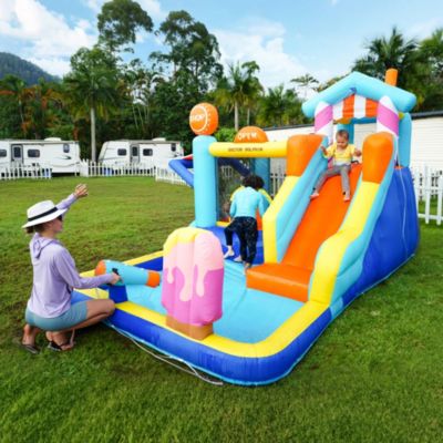 Château Gonflable - Aire de Jeux Gonflables Enfants avec Toboggan, Fontaine et Jeux d'Eau, Souffleur 450W, Oxford, Multicolore