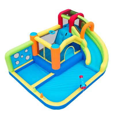 Château Gonflable - Aire de Jeux Gonflables pour Enfants avec Toboggan, Jeux d'Eau et Panier de Basket, Tissu Oxford, Multicolore