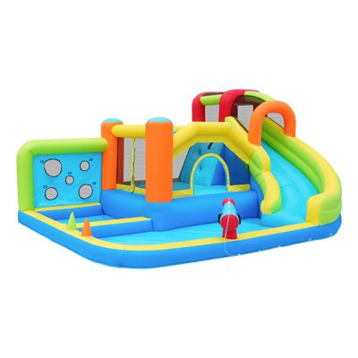Château Gonflable - Aire de Jeux Gonflables pour Enfants avec Toboggan, Jeux d'Eau et Panier de Basket, Tissu Oxford, Multicolore