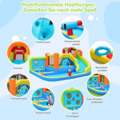 Château Gonflable - Aire de Jeux Gonflables pour Enfants avec Toboggan, Jeux d'Eau et Panier de Basket, Tissu Oxford, Multicolore