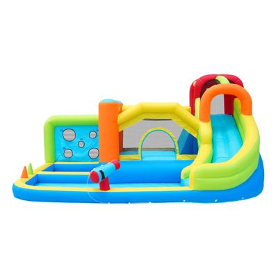Château Gonflable - Aire de Jeux Gonflables pour Enfants avec Toboggan, Jeux d'Eau et Panier de Basket, Tissu Oxford, Multicolore