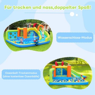 Château Gonflable - Aire de Jeux Gonflables pour Enfants avec Toboggan, Jeux d'Eau et Panier de Basket, Tissu Oxford, Multicolore