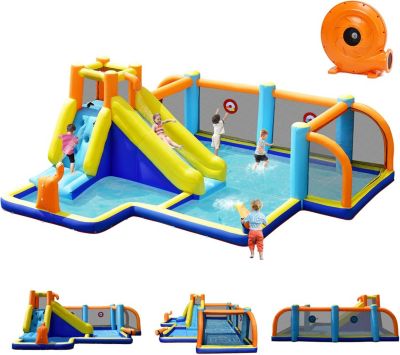 Château Gonflable avec Souffleur 680W,Structure Gonflable avec Toboggan Aquatique,Piscine,Terrain de Football Jeu de Fléchettes