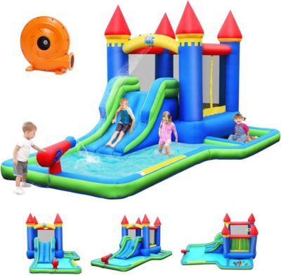 Château gonflable bleu,  Aire aquatique avec double toboggan, zone de saut et canons à eau