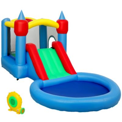 Château gonflable enfant 4 en 1 - toboggan, trampoline, panier basket-ball, piscine - nombreux accesoires