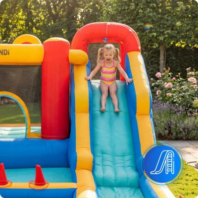 Château gonflable pour enfants KINDI avec longue toboggan aquatique aire de jeux panier de basket et canon à eau 1 pièce.