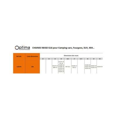 Chaînes à neige Camping-car Fourgon 22575R16 G16 Modèle 245 OPTIMA