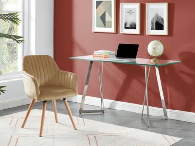 Chaise avec accoudoirs en velours et pieds bois de hêtre - Beige - ELEANA