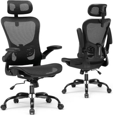 Chaise Bureau Ergonomique, Maille Respirante, Soutien Lombaire, Appui-tête, Accoudoirs Rabattables, Bascule, Noir