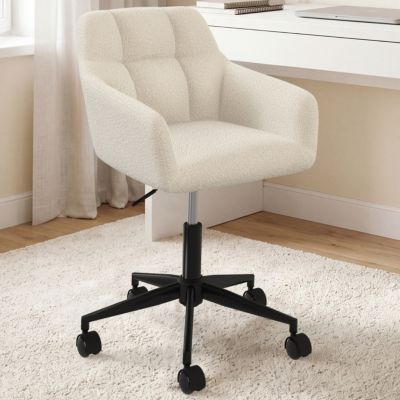 Chaise de bureau EDGARD en tissu bouclette blanche pivotante et hauteur réglable à roulettes