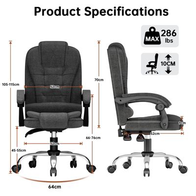 Chaise de Bureau, Fauteuil de Bureau avec grand siège, Appui-Tête et Soutien Lombaire Réglables, Hauteur Réglable,Rattantree