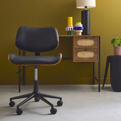 Chaise de bureau à roulettes décor bois courbé placage effet noyer et simili cuir noir