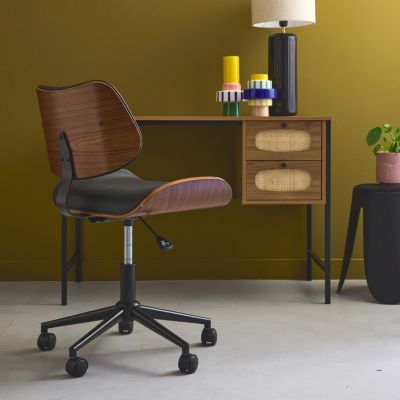 Chaise de bureau à roulettes décor bois courbé placage effet noyer et simili cuir noir