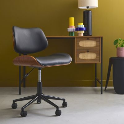 Chaise de bureau à roulettes décor bois courbé placage effet noyer et simili cuir noir