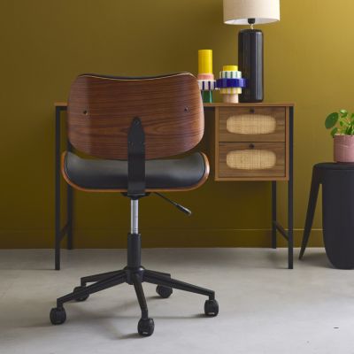 Chaise de bureau à roulettes décor bois courbé placage effet noyer et simili cuir noir